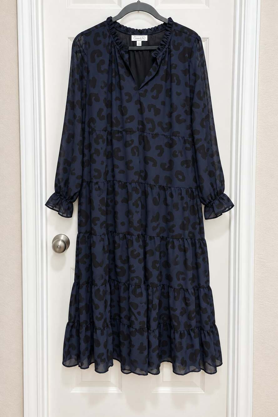 Mud Pie Women’s Size L Navy Leopard Print Tiered Maxi Dress Long Sleeve
